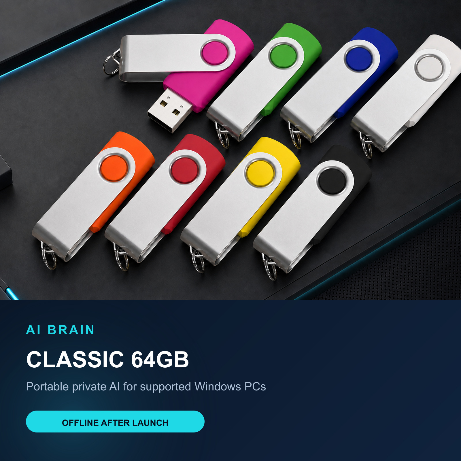 Several unbranded swivel USB color options for AI Brain